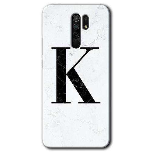 MRCİLETİSİM Xiaomi Redmi 9 Kılıf HD Desen Baskılı Arka Kapak+Temperli Cam - Beyaz Mermer Desenli K Harfi