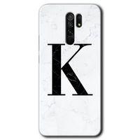 MRCİLETİSİM Xiaomi Redmi 9 Kılıf HD Desen Baskılı Arka Kapak+Temperli Cam - Beyaz Mermer Desenli K Harfi