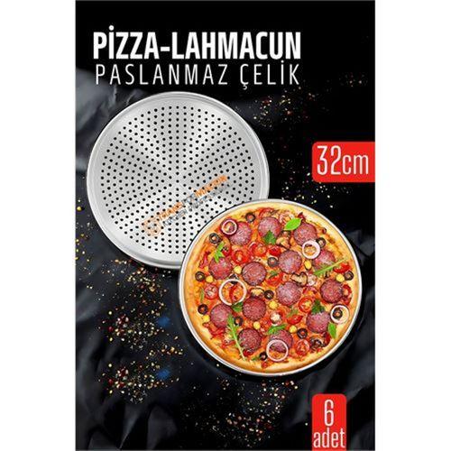 6 lı Paslanmaz Çelik Pizza-Lahmacun Tepsisi – Delikli Tasarım ile Mükemmel Pişirme 32 cm