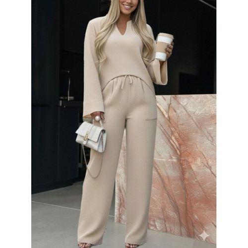 Kadın Uzun Kollu V Yakalı Keten Bluz Bağcıklı Pantolon Ikili Takım