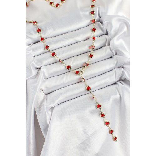 Pirinç Gold Renk Kırmızı Zirkon Taşlı Kalpli Y Kadın Kolye