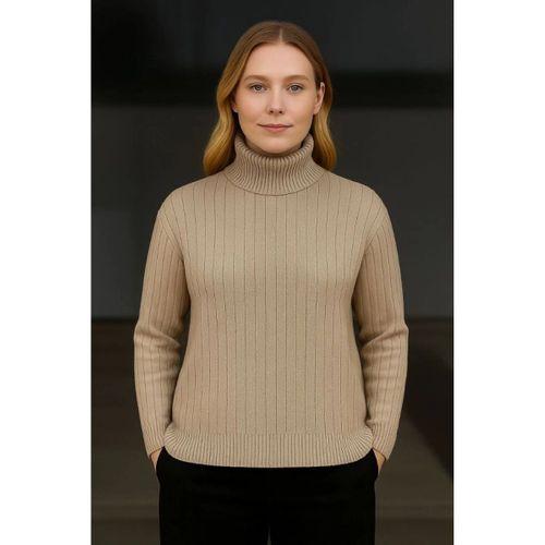 Balıkcı Yaka Bağazlı Triko Kazak Pamuklu Kalın Fitilli Dokuma - Bej