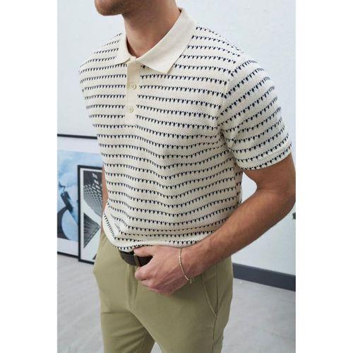 Nordic Desenli Örme Kumaş Viskon Erkek T-Shirt - Ekru