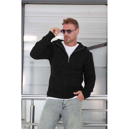 Fermuarlı Merdiven Örgü Kapüşonlu Triko Hırka/Ceket - Siyah