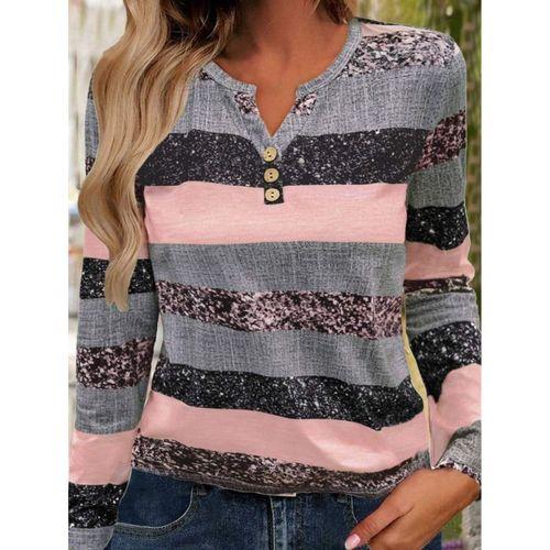 Kadın Uzun Kollu Yakadan Düğmeli çizgili Desenli Süprem Bluz