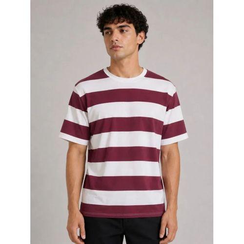 Erkek Çizgili Oversize Tişört Bisiklet Yaka Kısa Kol Yazlık T-Shirt - Bordo