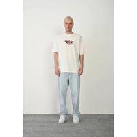 Unisex Bisiklet Yaka Baskılı Oversize T-Shirt - Beyaz