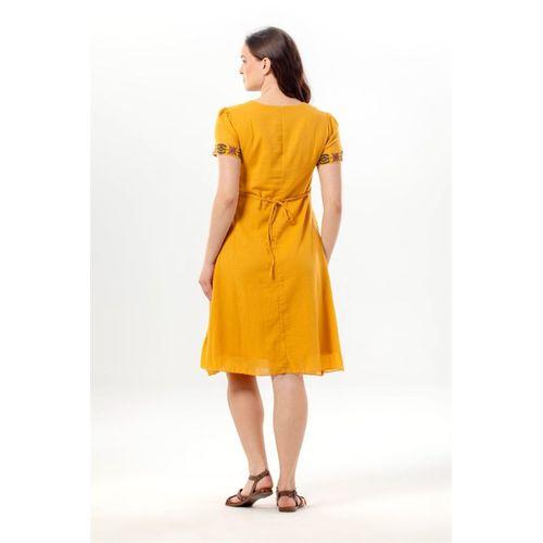 Kısa Kol Feyza V Yaka Çift Cepli Bağlamalı Yazlık Kısa Vual Elbise Hardal Hrd