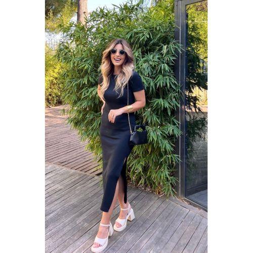 Lucky Life Kadın Kısa Kollu Bisiklet Yaka Yırtmaç Detay Fitilli Kaşkorse Tam Boy Elbise