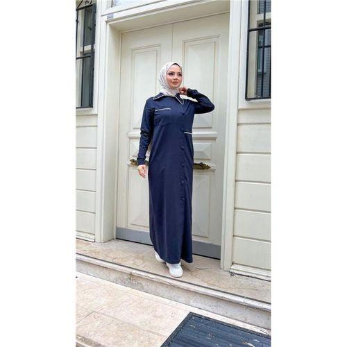 Yakalı Cepli Yandan Düğmeli Pamuklu Uzun Ferace - 71176.015 - Lacivert