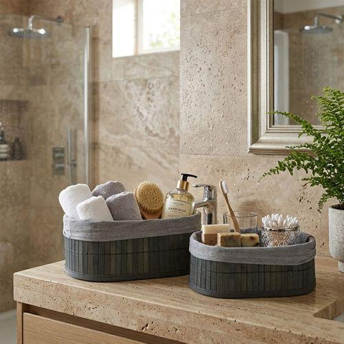 Bambu Kenarlı Oval Organizer Sepet (Ahşap Tabanlı, Bezli) 21x14-25x16 cm