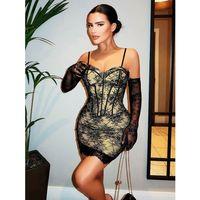 Özel Tasarım Dantel İşlemeli Şık Eldivenli Siyah Fantezi Mini Club Elbisesi