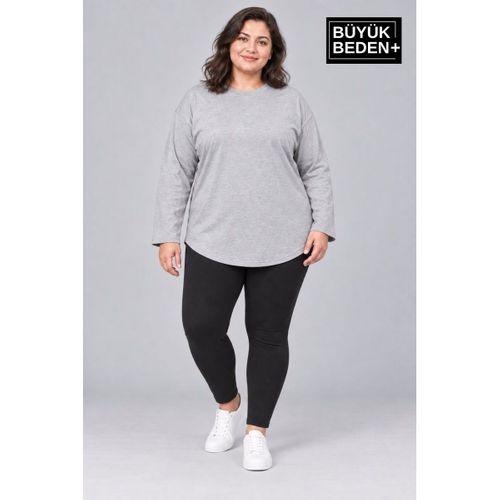 Süperlife Kadın Büyük Beden Bisiklet Yaka Süprem İnce Uzun Kollu Oval Etek Tişört SPR26BTSK943