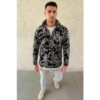 Erkek Yarım Fermuarlı Desenli Polar Sweat Yakalı, Uzun Kollu, Oversize Rahat Kalıp - Siyah