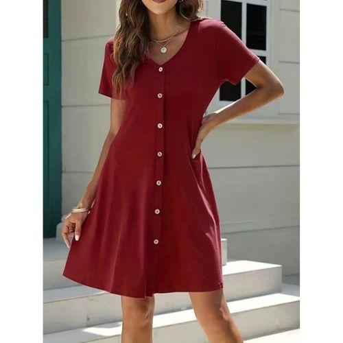 Kadın Kısa Kollu V Yaka önü Düğmeli Viskon Elbise