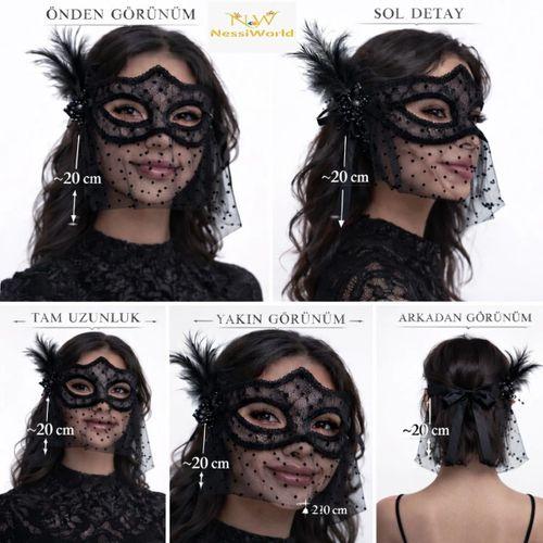 Siyah Dantel Tüllü Peçeli Parti Maskesi