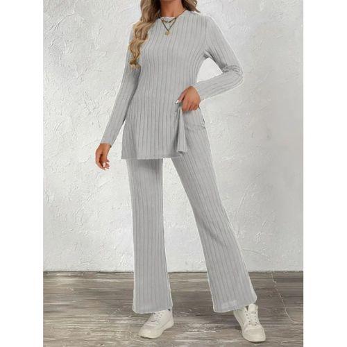 Kadın Uzun Kollu Bisiklet Yaka Yandan Yırtmaçlı şardonlu Kaşkorse Bluz Ve Pantolon Ikili Takım