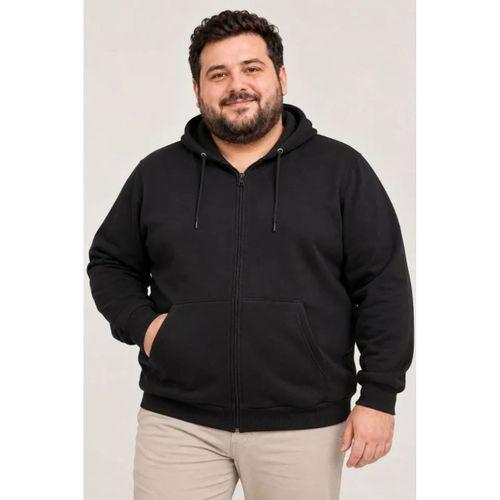 Erkek Battal Büyük Beden Üç İplik İçi Şardonlu Kapüşonlu Tam Fermuarlı Kışlık Sweatshirt - Siyah