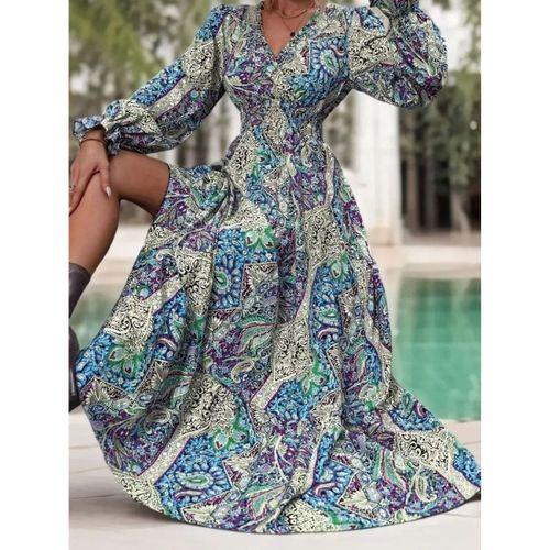 Kadın Uzun Kollu Kruvaze Yakalı Desenli Süprem Maxi Elbise