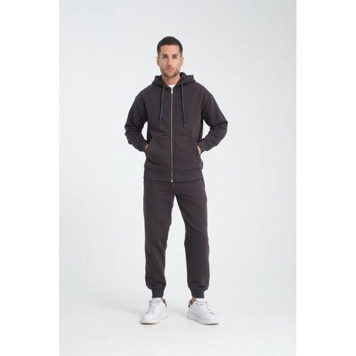 İçi Peluş Üç İplik Kumaş Oversize Fermuarlı Kapüşonlu Sweatshirt - Füme