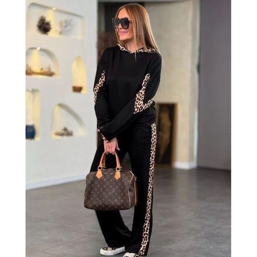 Pilelistore Kadın Kapüşonlu Leopar Detay Sweat Ve Yüksek Bel Yanları Leopar şeritli Bol Paça Pantolon Ikili Takım