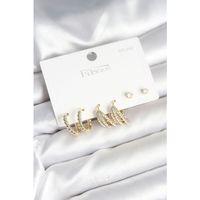 Gold Renk Pirinç 925 Ayar Gümüş Çivili Kadın Küpe Seti