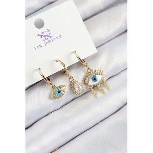 Pirinç Zirkon Taşlı 3'lü Fatma'nın Gözü Model Gold Renk Kadın Küpe