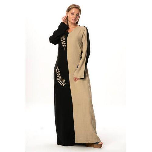 Uzun Kol Yaprak V Yaka Baskılı Müslin Uzun Otantik Yazlık Elbise Siyah/Vizon Syh/Vzn