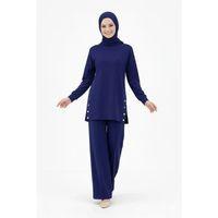Osy Modal Yumuşak Dokulu Kumaş Modern Tesettür Takım Yandan Metal Çıtçıtlı Uzun Tunik Pantolon Set Salaş Kalıp - Lacivert