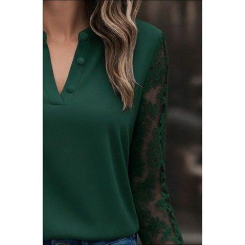 Kadın Uzun Kollu Yaka Düğme Detay Güpürlü Kol Krep Bluz