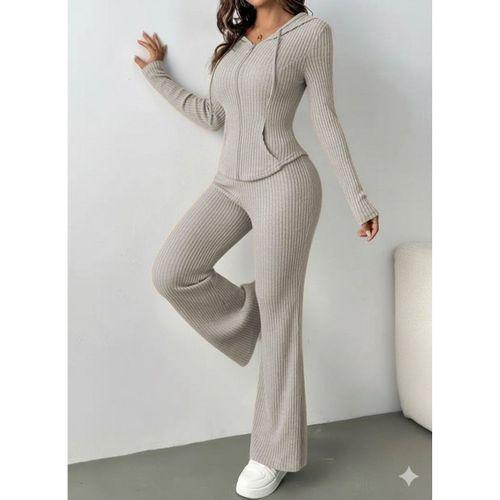 Kadın Uzun Kollu Kapşonlu önden Fermuarlı Kaşkorse Bluz Ve Pantolon Ikili Takım