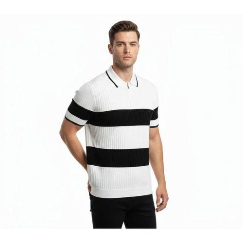 Erkek T-shirt Çizgili Triko Dokuma Kumaş Polo Yaka Yarım Fermuarlı Regular Kalıp Tişört - Beyaz