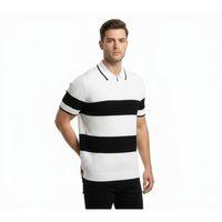 Erkek T-shirt Çizgili Triko Dokuma Kumaş Polo Yaka Yarım Fermuarlı Regular Kalıp Tişört - Beyaz