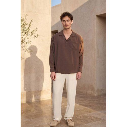 Sartre Apaş Yaka Tek Cepli İnce Modal Kumaş Oversize Uzun Kollu Yazlık Gömlek - Kahve