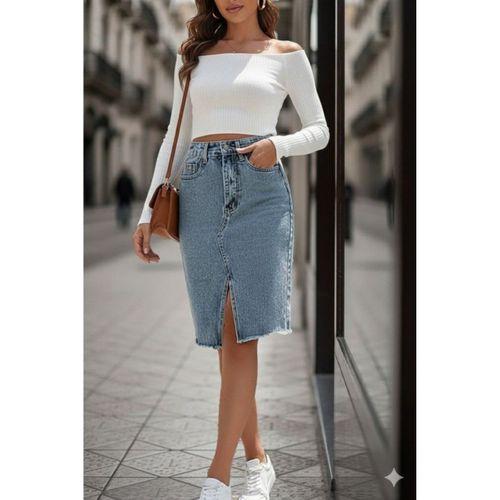 Kadın Elastik Bel Yırtık Kenar Detaylı Kot Etek