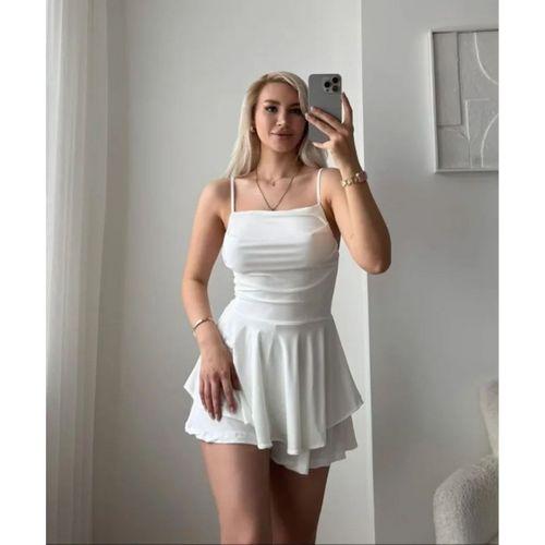 Straplez Mini Etek Görünümlü Şortlu Elbise Büzgülü Şık Yazlık - Beyaz