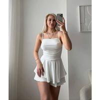Straplez Mini Etek Görünümlü Şortlu Elbise Büzgülü Şık Yazlık - Beyaz