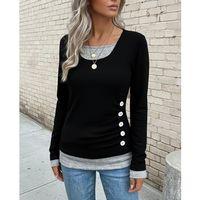 Kadın Uzun Kollu Yuvarlak Yaka Blok Renkli Yandan Düğmeli Viskon Bluz