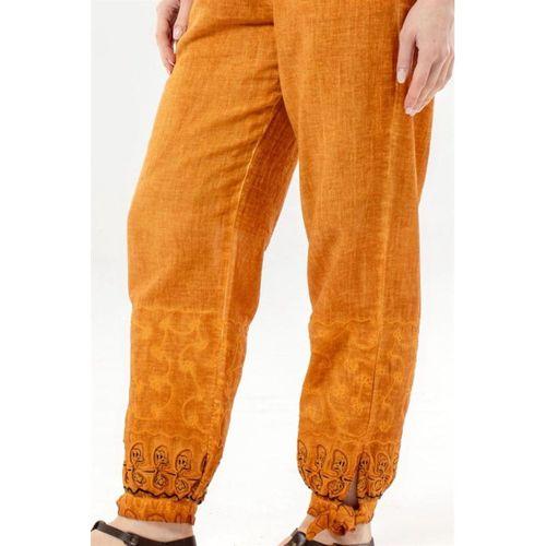 Beli Lastikli İnka Bilekten Bağlamalı Otantik Nakışlı Kadın Poplin Pantolon Hardal Hrd