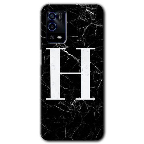 OPPO Oppo A55 Kılıf HD Desen Baskılı Arka Kapak + Temperli Cam - Siyah Mermer Desenli H Harfi
