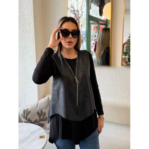 Kadın Uzun Kollu Asimetrik Kesim Viskon Bluz Ve çatlak Deri Görünümlü Yelek Ikili Takım