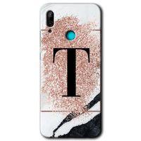 MRCİLETİSİM Huawei P smart 2019 Kılıf Baskılı Kapak - Pembe Mermer Desenli T Harfi +Tam Kaplayan Mat Seramik