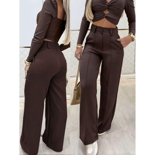 Kadın Uzun Kollu Göğüs Dekolteli Ithal Krep Bluz Ve Pantolon Ikili Takım