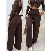 Kadın Uzun Kollu Göğüs Dekolteli Ithal Krep Bluz Ve Pantolon Ikili Takım