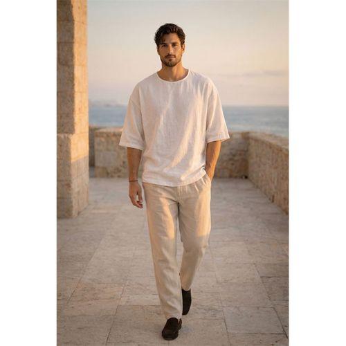 Castiel Bisiklet Yaka Fakir Kol Oversize Kısa Kol T-shirt - Beyaz