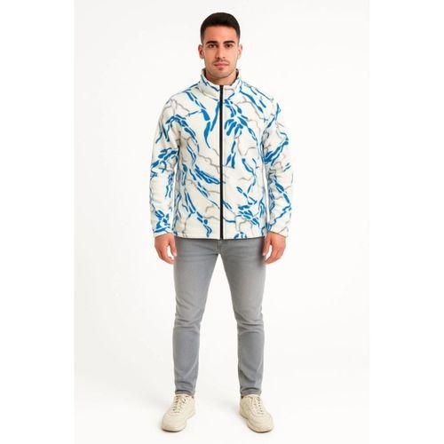 Erkek Tam Fermuarlı Desenli Polar Sweat  Lightning Desen Yakalı, Uzun Kollu, Oversize Rahat Kalıp - Beyaz