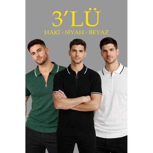 Erkek 3’lü Paket Dokuma Triko Fermuarlı Yakalı Fitilli Kısa Kollu Regular Fit Tişört - Beyaz, Haki, Siyah
