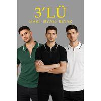 Erkek 3’lü Paket Dokuma Triko Fermuarlı Yakalı Fitilli Kısa Kollu Regular Fit Tişört - Beyaz, Haki, Siyah