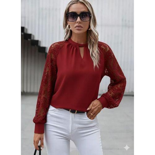 Kadın Uzun Dantel Kollu Yuvarlak Yakalı Sandy Bluz