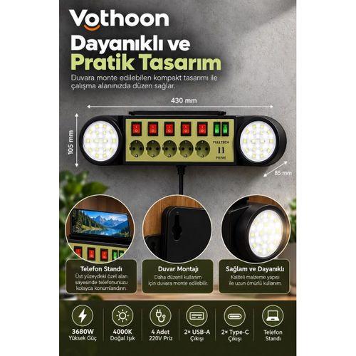 Akıllı Masaüstü Duvar Tipi Akım Korumalı 5’li Priz 3680w Led Işıklı Usb-a Type-c Telefon Standlı